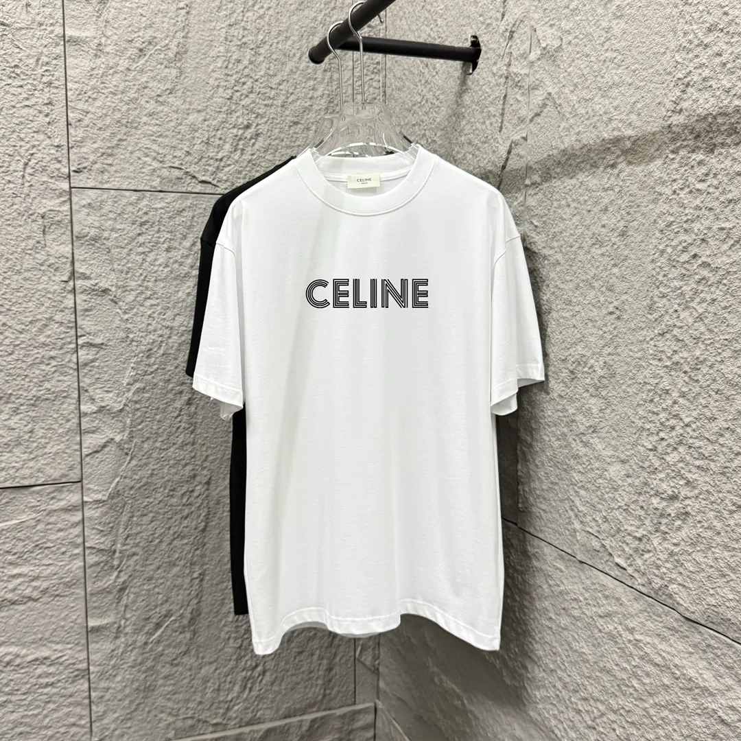 🅿️180 Celi*ne 2025 spring and summer style, simple letters, flocking technology, personalized logo, customized double yarn plain cotton fabric, short-sleeved T-shirt, same style for men and women. Size: S (90-130 catties) M (120-150 catties) L (140-165 catties) XL (160-180 catties) XXL (180-210 pounds) Color: black white