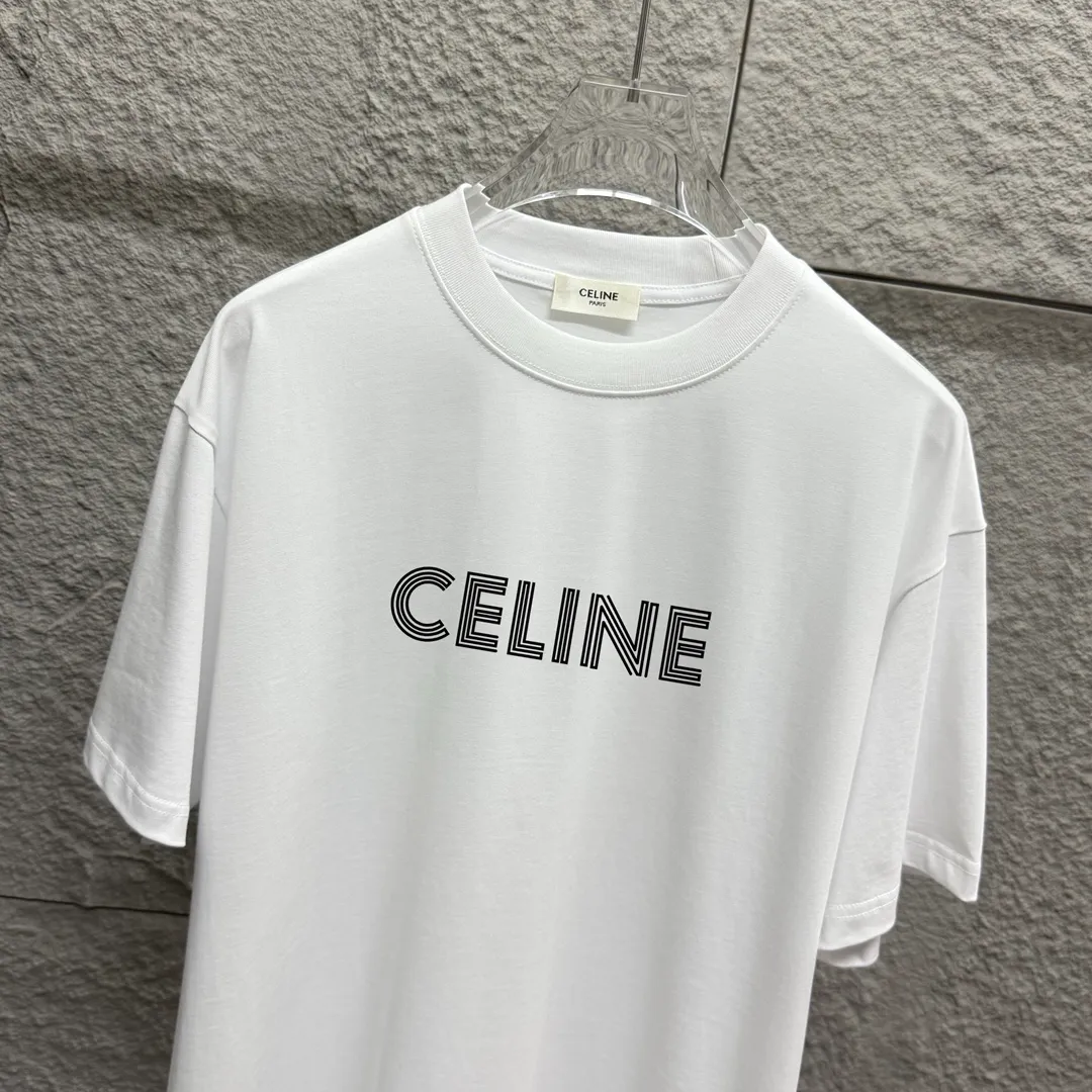 🅿️180 Celi*ne 2025 spring and summer style, simple letters, flocking technology, personalized logo, customized double yarn plain cotton fabric, short-sleeved T-shirt, same style for men and women. Size: S (90-130 catties) M (120-150 catties) L (140-165 catties) XL (160-180 catties) XXL (180-210 pounds) Color: black white