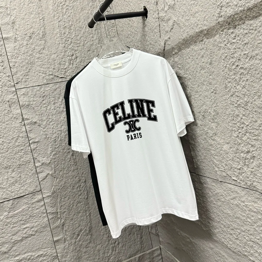 🅿️180 Celi* Celine 2025 spring and summer style Simple letter printing personalized logo Customized double yarn plain cotton fabric Short-sleeved T-shirt Unisex Size: S (90-130 catties) M (120-150 catties) L (140-165 catties) XL (160-180 catties) XXL (180-210 catties) Color: black white