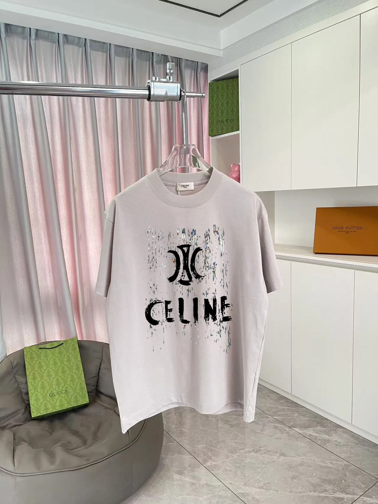 🅿️170 Celine Celine 2025 summer new style personalized letter logo printing customized fabric 300g short-sleeved T-shirt same style for men and women Size: S M L XL XXL five sizes Color: black white pink iron gray