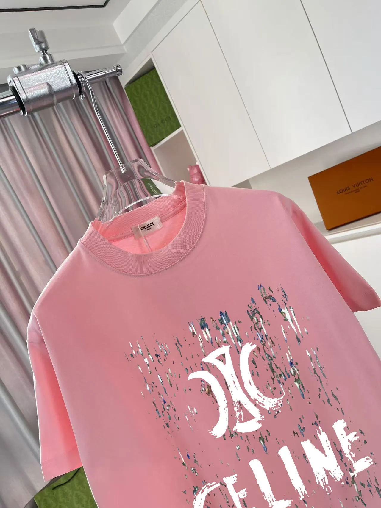 🅿️170 Celine Celine 2025 summer new style personalized letter logo printing customized fabric 300g short-sleeved T-shirt same style for men and women Size: S M L XL XXL five sizes Color: black white pink iron gray