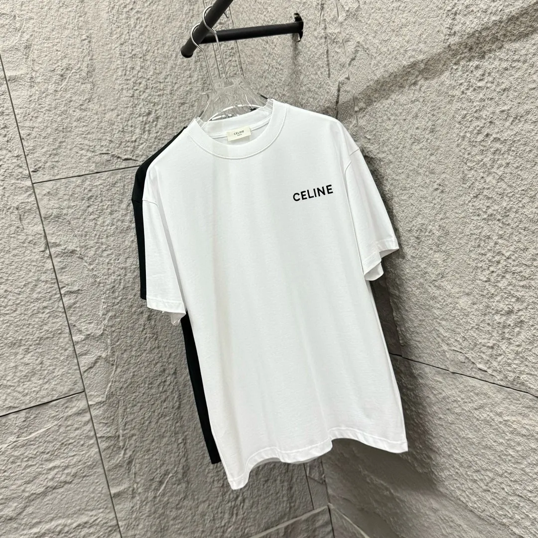 🅿️180 Celi* Celine 2025 spring and summer style Simple letter embroidery personalized logo Customized double yarn plain cotton fabric Short-sleeved T-shirt Unisex Size: S (90-130 catties) M (120-150 catties) L (140-165 catties) XL (160-180 catties) XXL (180-210 catties) Color: black white