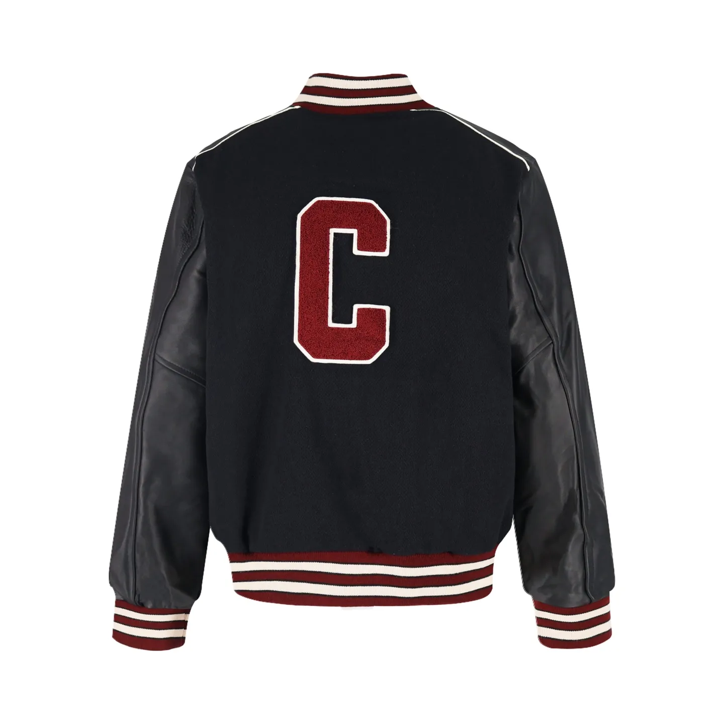 🅿️1160 [Exclusive supply] Celine wool sheepskin baseball jacket. The main body fabric is made of 90% pure wool woolen solid color processing. Wool threads are made on a flat machine. The sides of the shoulders are made of pure sheepskin dyed black and cut by hand. The sleeves are made of imported uncoated cotton sheepskin, and the two Cs on the front and back are embroidered with high-density seals. The color is consistent with the body leather. Silk lining Comes standard with dust bag. Size:46-48-50-52