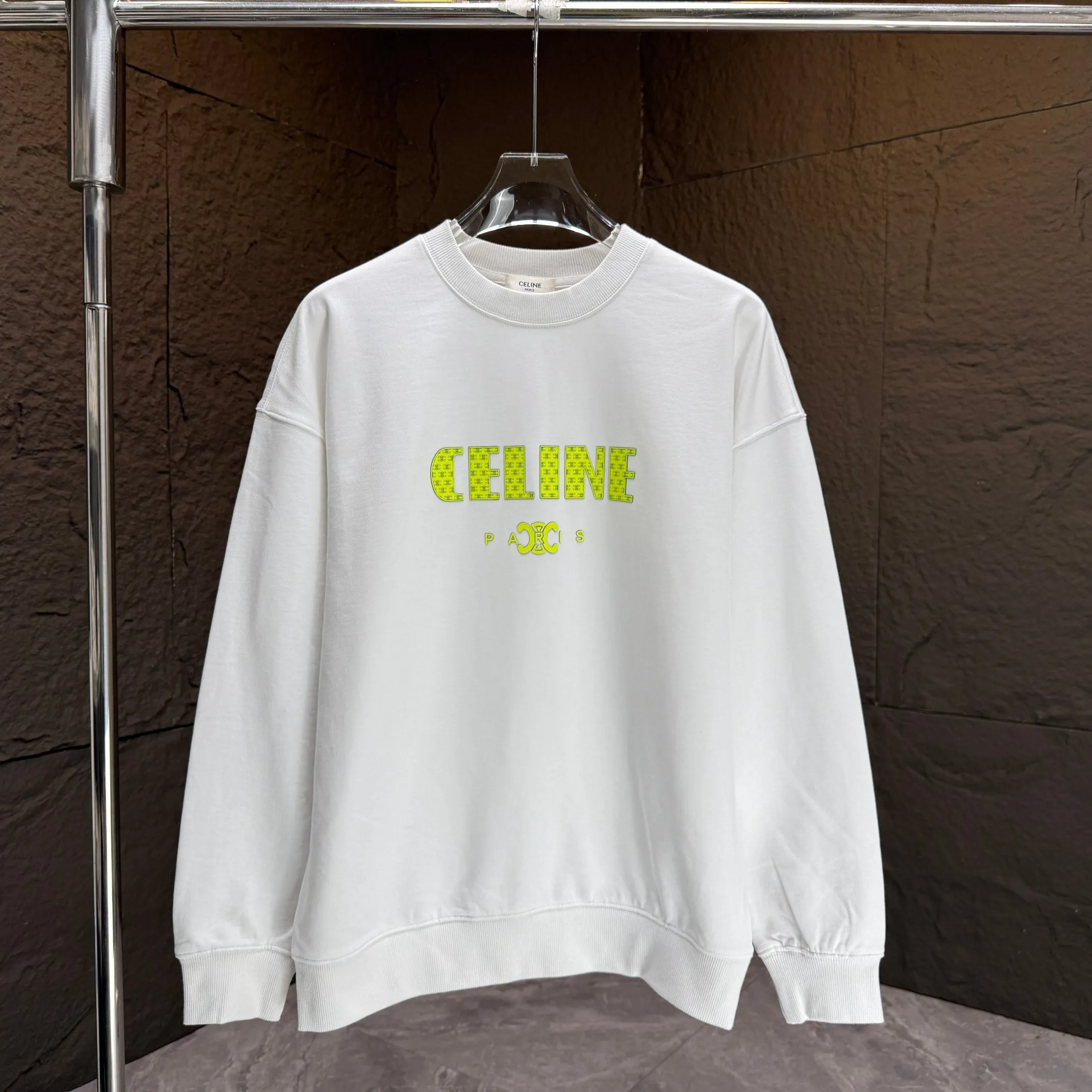 🅿️250 CELIN* 2025 autumn and winter new round neck sweatshirt 400g terry cotton letter logo three-dimensional silicone Color: Black White Purple Gray Size: S M L XL XXL