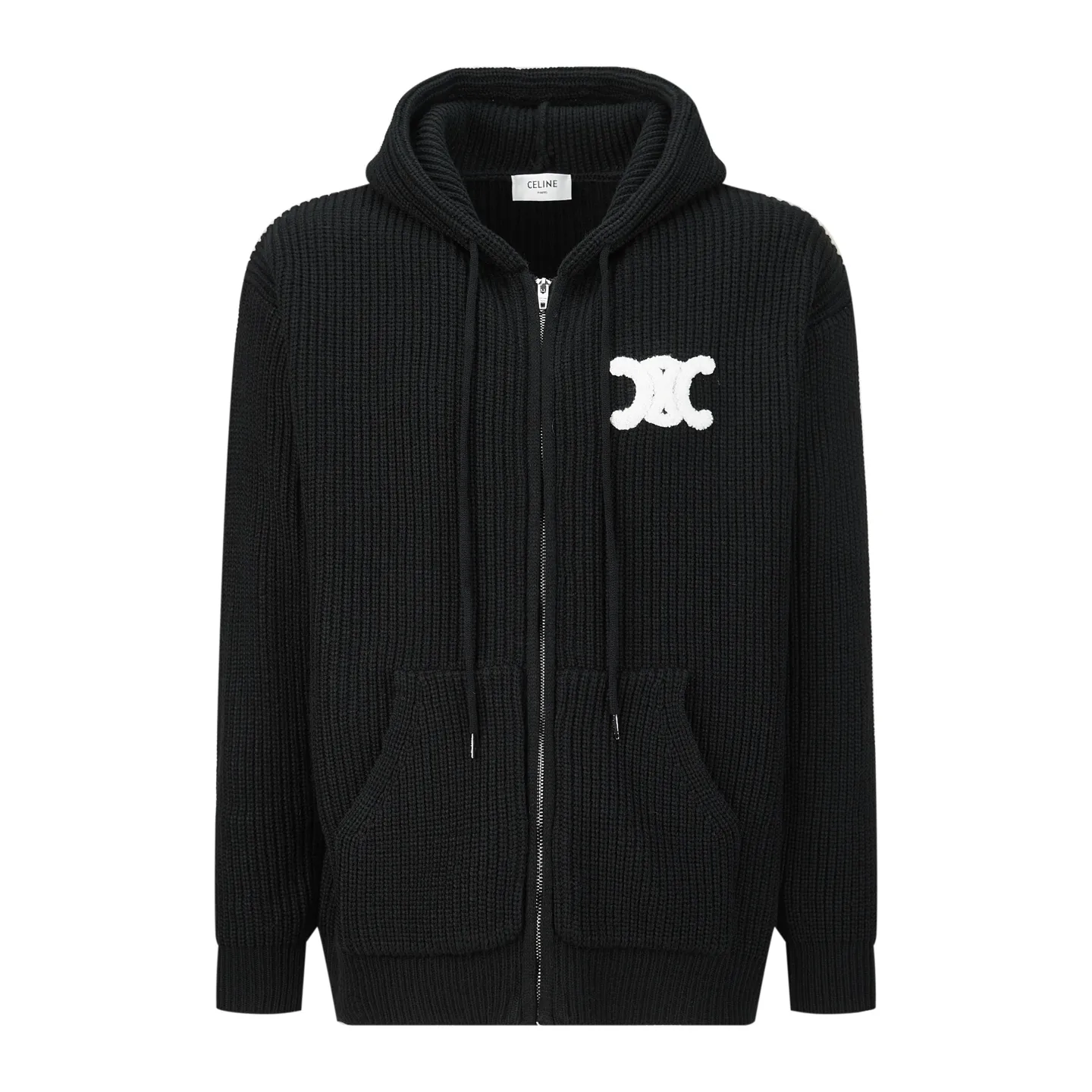 🅿️520 [Exclusive supply] Celine Arc de Triomphe embroidered knitted hooded jacket. The original version was purchased for 8,575 and developed. The fabric is made of 55 merino wool yarn and cotton yarn. The finished product woven from this fabric has a three-dimensional shape, a soft hand feel, and no binding on the upper body. The hat rope tail clip adopts electroplating engraving process to restore the brand logo. The zipper has a metal plated bright silver puller with the brand logo engraved on it. The embroidery uses towel embroidery technology and uses cashmere yarn to restore the original 1:1 details. Garment washing removes impurities from the wool surface - adding hand feel - and fixing the fit. TRIOMPHE embroidered loose fit, hood with adjustable drawstring, metal hoop engraved with CELINE PARIS, 1 kangaroo pocket with ribbed trim. Size:S-M-L-XL