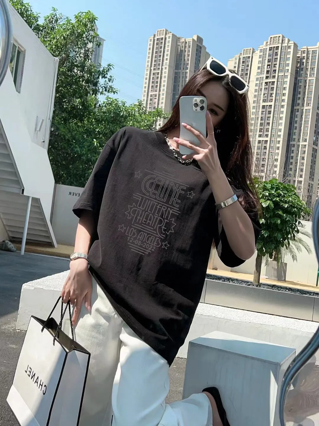 🅿️170 ✨🔥 [CELINE] 2025FW short-sleeved T-shirt, letter LOGO printing, high-end 26s double yarn 300g fabric, heavy fabric, custom stretcher rib, same vat and dye, complete three standards, same style for men and women, color: black, white, size: S M L XL 2XL