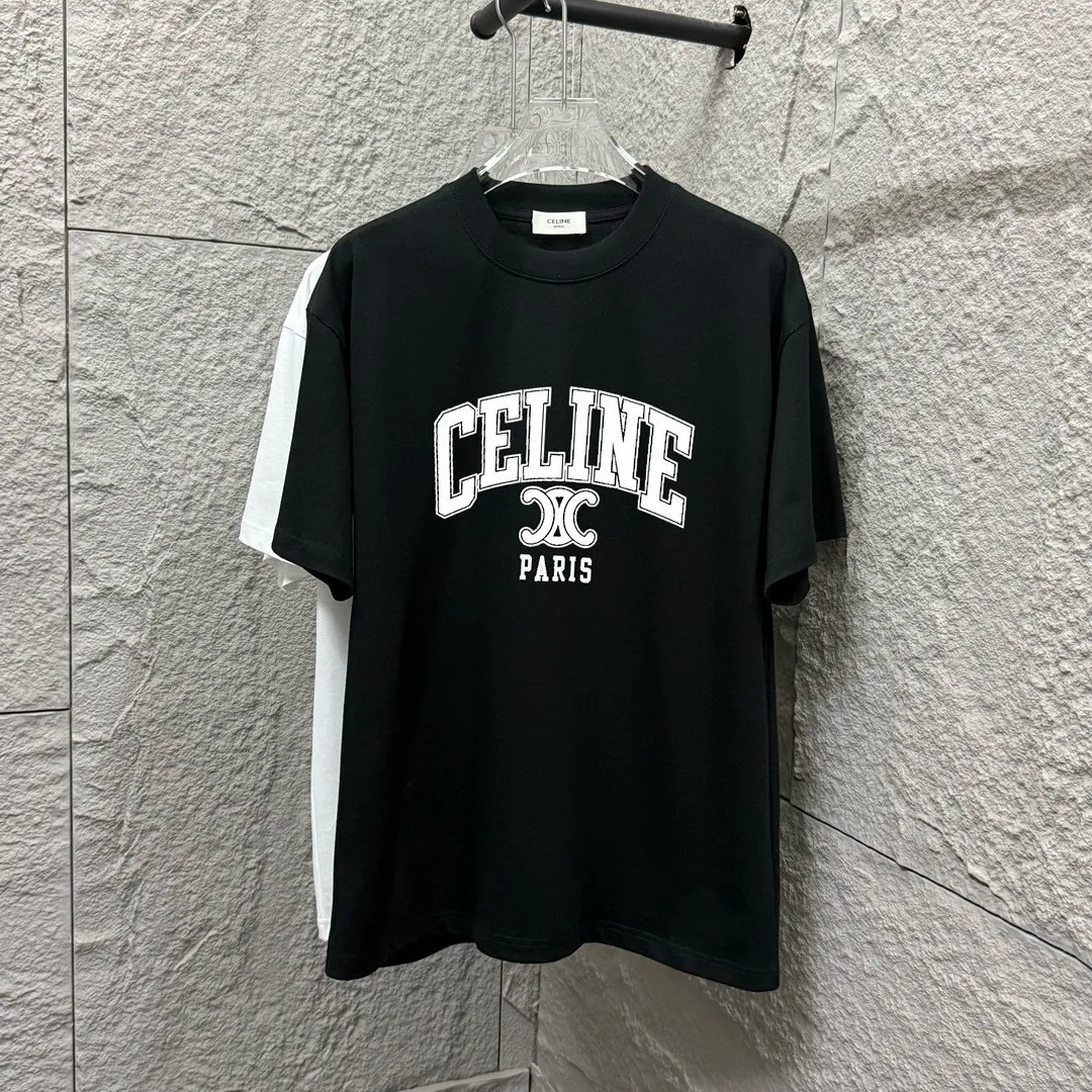 🅿️180 Celi* Celine 2025 spring and summer style Simple letter printing personalized logo Customized double yarn plain cotton fabric Short-sleeved T-shirt Unisex Size: S (90-130 catties) M (120-150 catties) L (140-165 catties) XL (160-180 catties) XXL (180-210 catties) Color: black white
