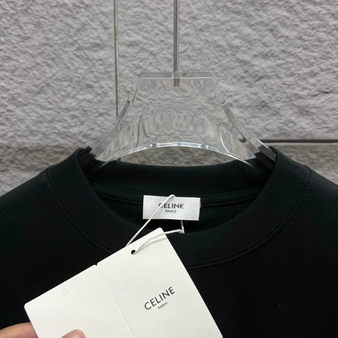 🅿️180 Celi* Celine 2025 spring and summer style Simple letter printing personalized logo Customized double yarn plain cotton fabric Short-sleeved T-shirt Unisex Size: S (90-130 catties) M (120-150 catties) L (140-165 catties) XL (160-180 catties) XXL (180-210 catties) Color: black white