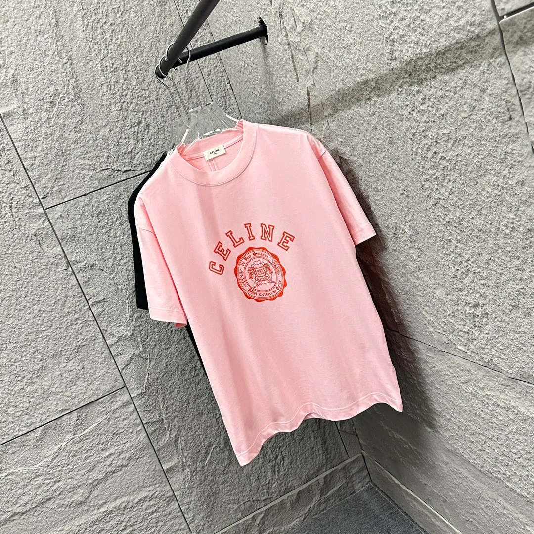 🅿️190 Celi* Celine 2025 spring and summer style Simple letter flocking process personalized logo Customized double yarn plain cotton fabric Short-sleeved T-shirt Unisex Size: S (90-130 catties) M (120-150 catties) L (140-165 catties) XL (160-180 catties) XXL (180-210 catties) Color: black white light pink