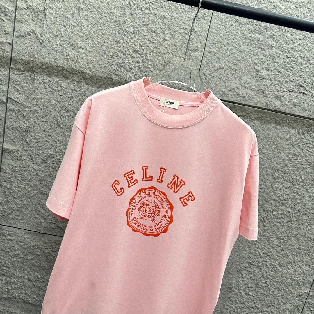 🅿️190 Celi* Celine 2025 spring and summer style Simple letter flocking process personalized logo Customized double yarn plain cotton fabric Short-sleeved T-shirt Unisex Size: S (90-130 catties) M (120-150 catties) L (140-165 catties) XL (160-180 catties) XXL (180-210 catties) Color: black white light pink