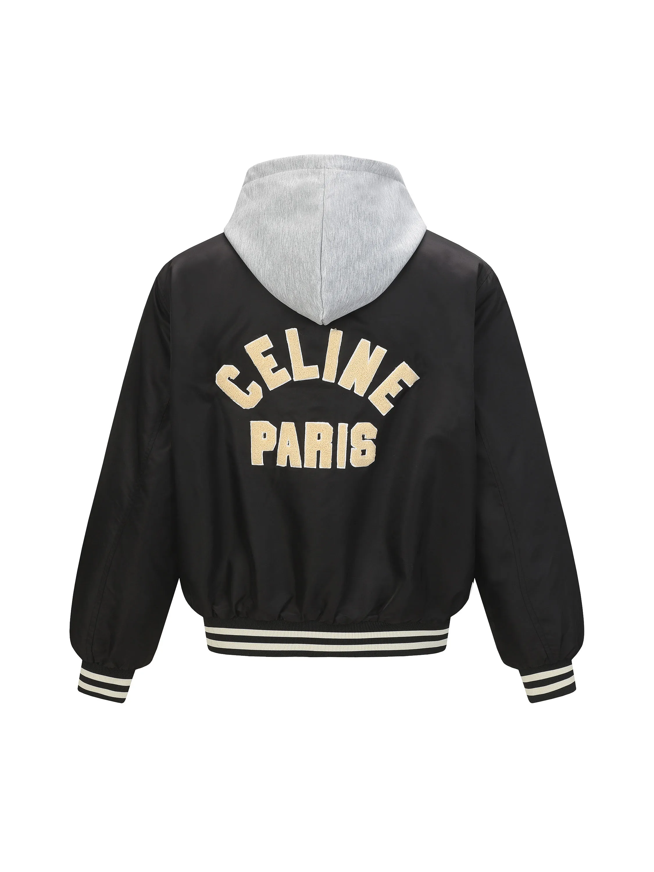 🅿️520 Celine 23FW hooded baseball jacket cotton jacket, originally purchased for 15,800, double fabric splicing: the outer black is satin technical fabric, the front and back panels are customized with towel embroidery, the letters are laser cut first, and made using an imported Tajima embroidery machine. The hood and lining are made of 100% cotton fabric, with a thin cotton lining, two-color thread custom-woven yarn, thread weaving on a flat knitting machine, and processed by a first-line factory. You can compare the quality at will. The style is the same for men and women. It is a treasured Hedi masterpiece that is worth collecting. It is different from the white thread version on the market. size: XS S M L