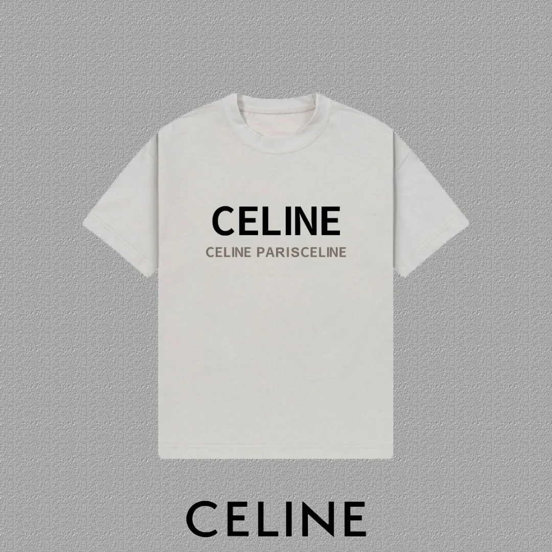 🅿️170 ✨🔥 [CELINE] 2025FW short-sleeved T-shirt, letter LOGO printing, high-end 26s double yarn 300g fabric, heavy fabric, custom stretcher rib, same vat and dye, complete three standards, same style for men and women, color: black, white, gray, size: S M L XL 2XL