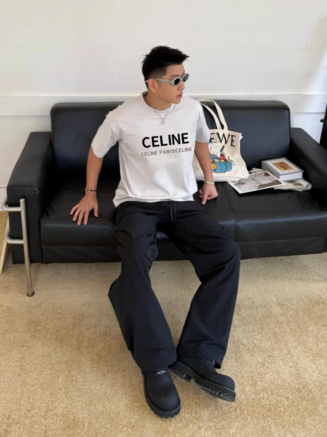 🅿️170 ✨🔥 [CELINE] 2025FW short-sleeved T-shirt, letter LOGO printing, high-end 26s double yarn 300g fabric, heavy fabric, custom stretcher rib, same vat and dye, complete three standards, same style for men and women, color: black, white, gray, size: S M L XL 2XL