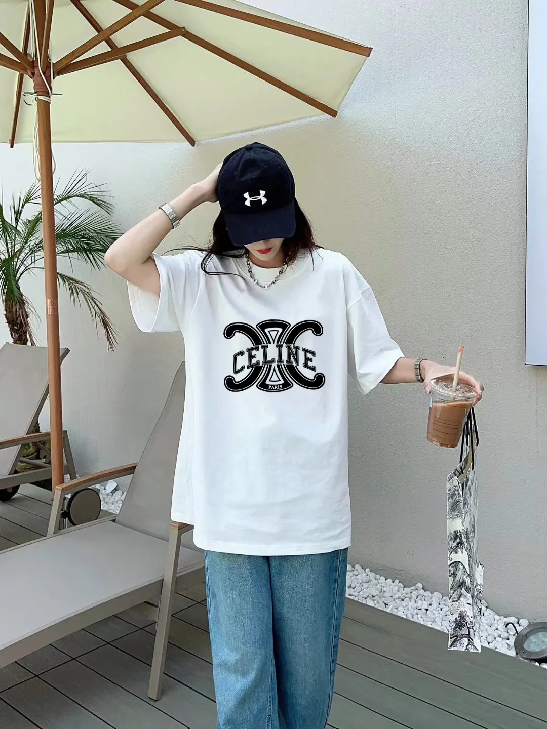 🅿️170 ✨🔥 [CELINE] 2025FW short-sleeved T-shirt, letter LOGO printing, high-end 26s double yarn 300g fabric, heavy fabric, custom stretcher rib, same vat and dye, complete three standards, same style for men and women, color: black, white, gray, size: S M L XL 2XL
