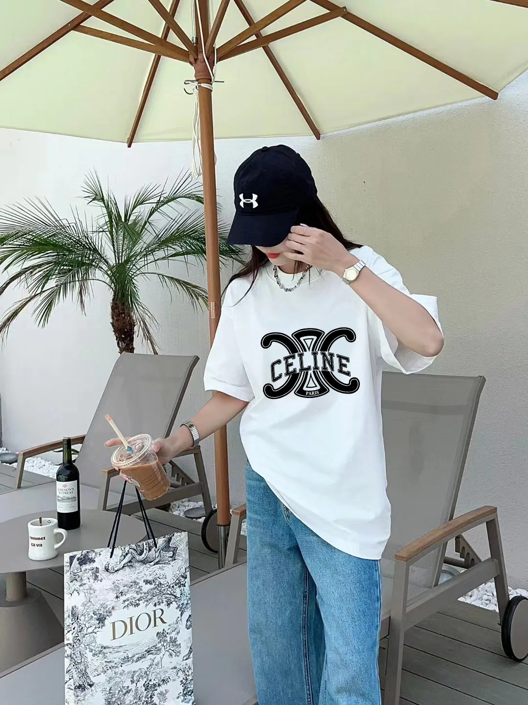 🅿️170 ✨🔥 [CELINE] 2025FW short-sleeved T-shirt, letter LOGO printing, high-end 26s double yarn 300g fabric, heavy fabric, custom stretcher rib, same vat and dye, complete three standards, same style for men and women, color: black, white, gray, size: S M L XL 2XL