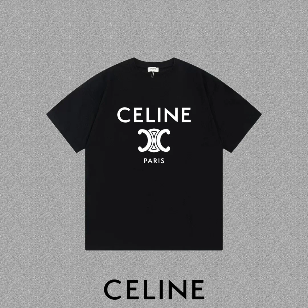 🅿️170 ✨🔥 [CELINE] 2025FW short-sleeved T-shirt, silicone thick plate letter LOGO, high-end 26s double yarn 300g fabric, heavy fabric, custom stretcher rib, same cylinder and dye, complete three standards, same style for men and women, color: black, white, size: S M L XL 2XL