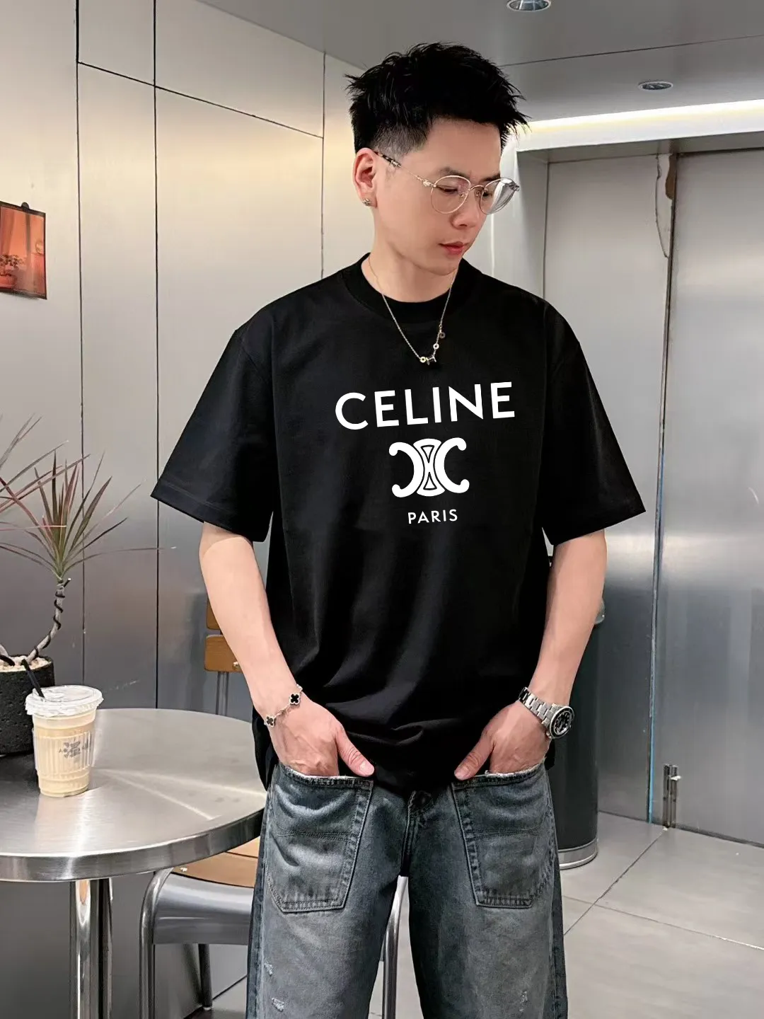 🅿️170 ✨🔥 [CELINE] 2025FW short-sleeved T-shirt, silicone thick plate letter LOGO, high-end 26s double yarn 300g fabric, heavy fabric, custom stretcher rib, same cylinder and dye, complete three standards, same style for men and women, color: black, white, size: S M L XL 2XL