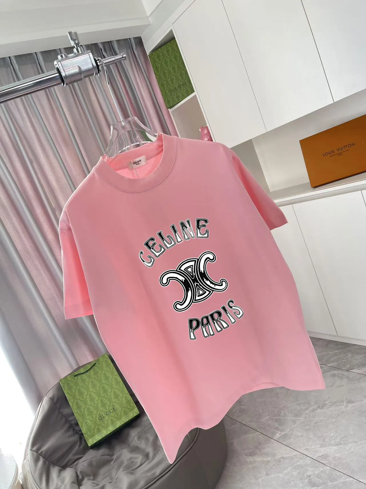 🅿️170 Celine 2025 summer new style personalized letter logo printing customized fabric 300g short-sleeved T-shirt for men and women size: S M L XL XXL five sizes color: black white pink sky blue