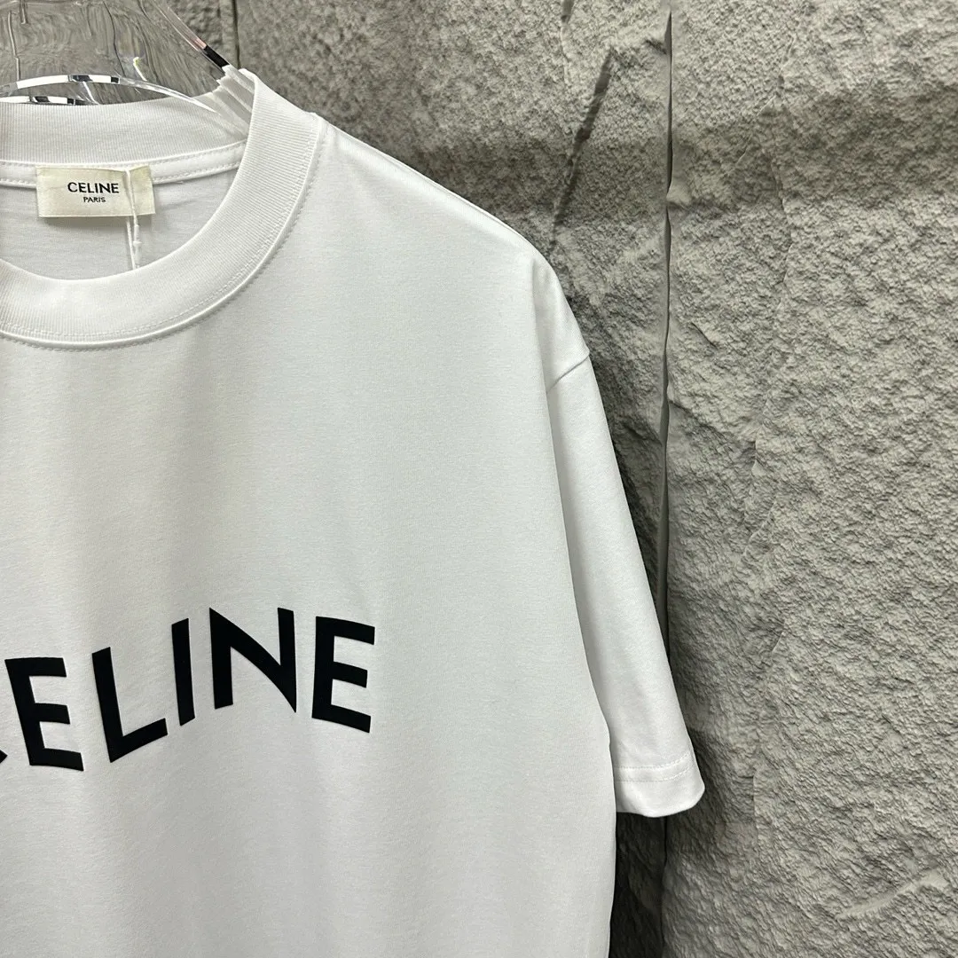 🅿️180 Celine* Celine 2025 Spring and Summer Style Simple letter three-dimensional silicone personalized logo Customized double yarn plain cotton fabric Short-sleeved T-shirt Unisex Size: S (90-130 catties) M (120-150 catties) L (140-165 catties) XL (160-180 catties) XXL (180-210 catties) Color: black white light pink