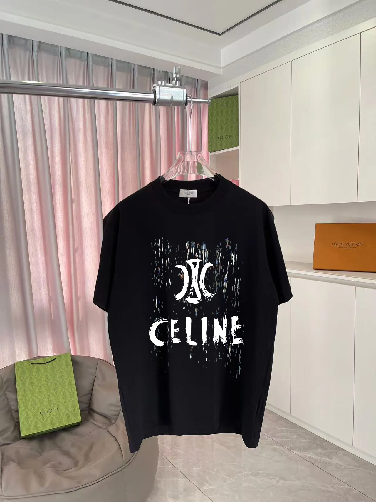 🅿️170 Celine Celine 2025 summer new style personalized letter logo printing customized fabric 300g short-sleeved T-shirt same style for men and women Size: S M L XL XXL five sizes Color: black white pink iron gray