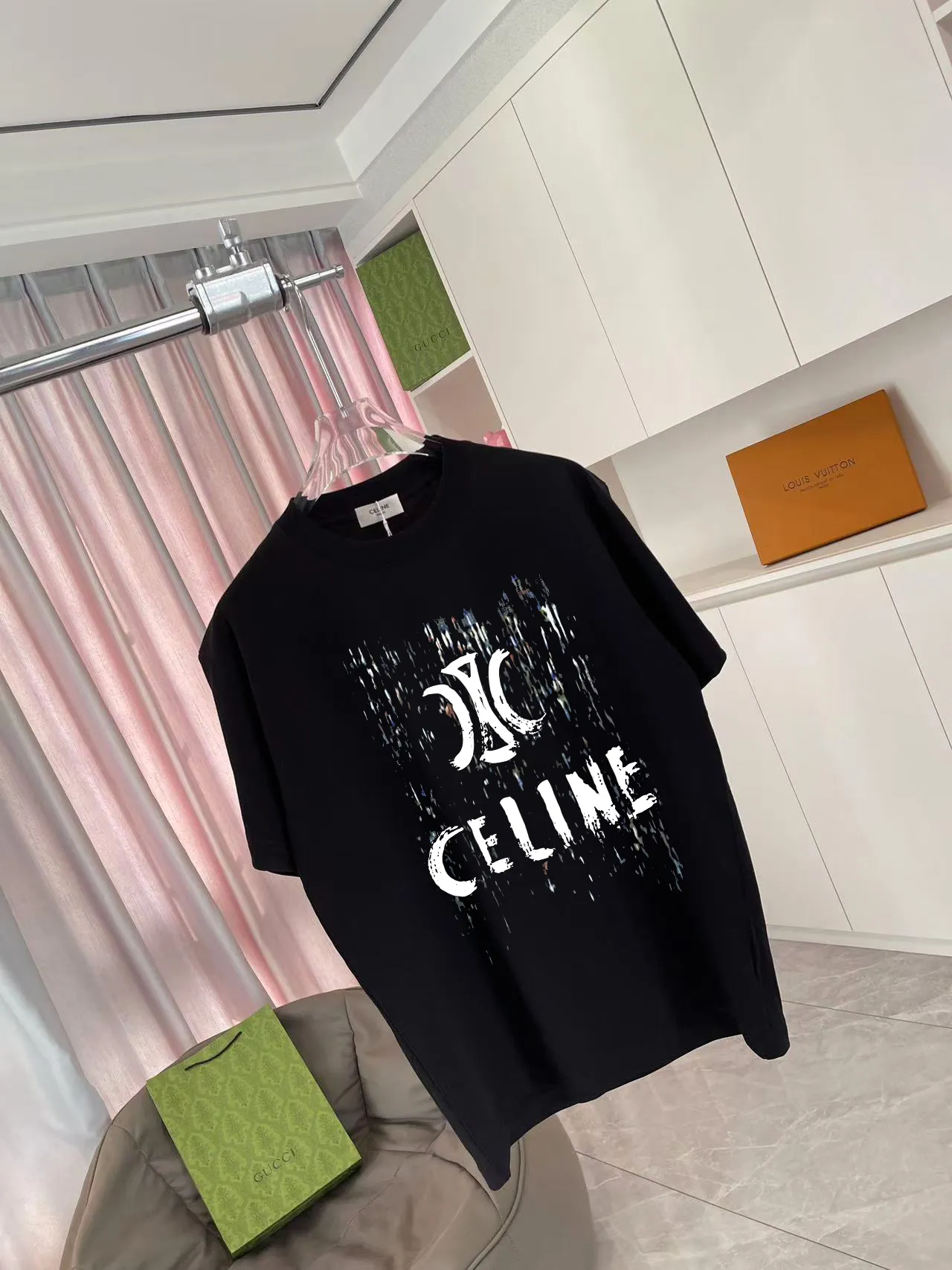 🅿️170 Celine Celine 2025 summer new style personalized letter logo printing customized fabric 300g short-sleeved T-shirt same style for men and women Size: S M L XL XXL five sizes Color: black white pink iron gray