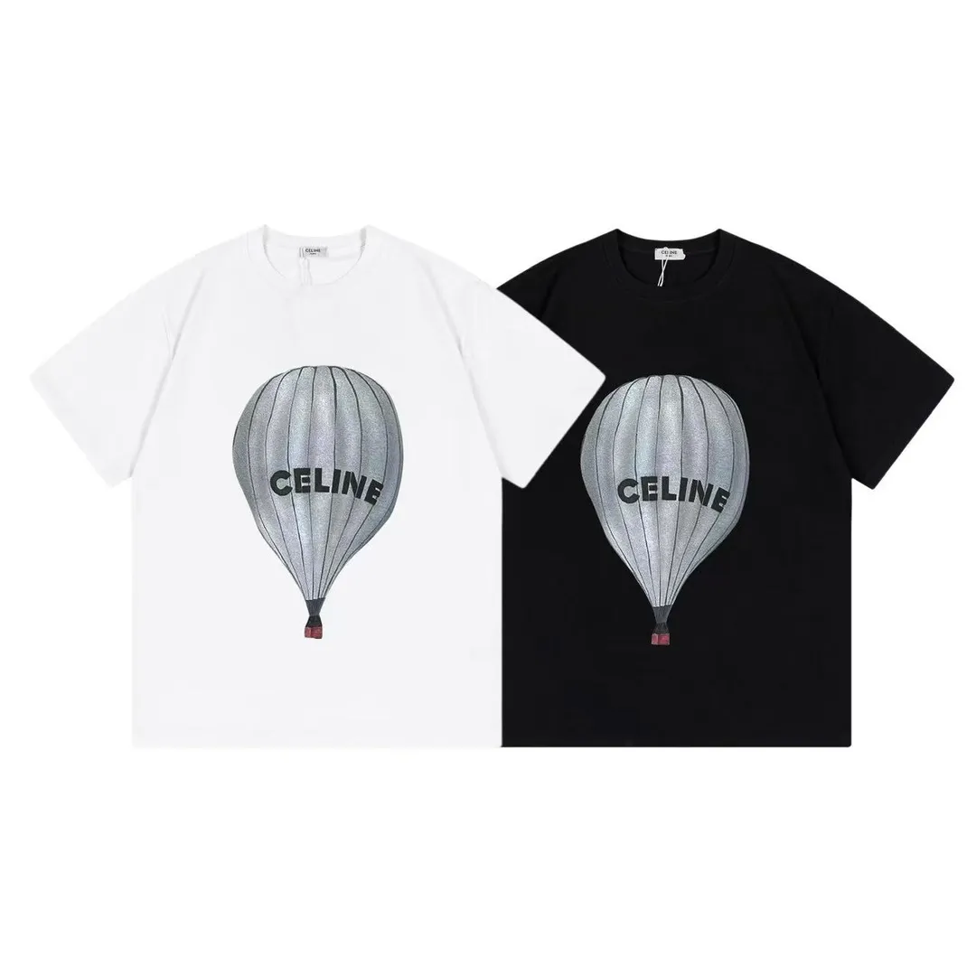 🅿️170 (arrived the next day) Celine Celine 2025 new style hot air balloon letter logo men and women same style short-sleeved T-shirt ·Customized 300g 100% double yarn pure cotton fabric ·Dyeing 32 double-strand threads ·Kangli digital direct injection technology ·Collar label and main mark complete Color: black Size: XS S M L