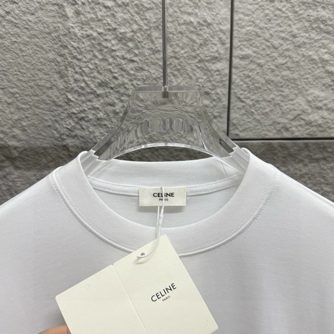 🅿️180 Celi* Celi Celin 2025 spring and summer style Simple double C letter embroidery personalized logo Customized double yarn plain cotton fabric Short-sleeved T-shirt Uniform for men and women Size: S (90-130 catties) M (120-150 catties) L (140-165 catties) XL (160-180 catties) XXL (180-210 pounds) Color: black white