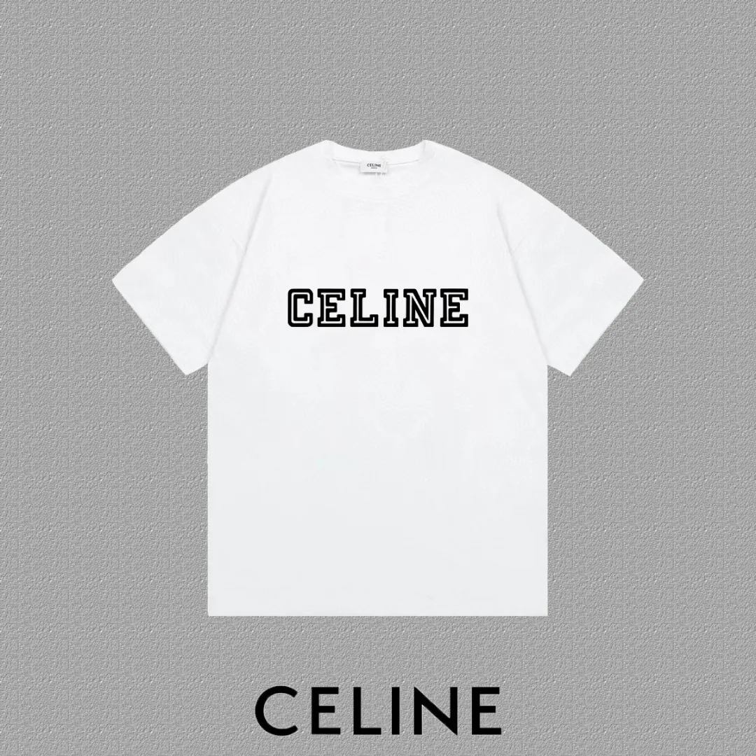 🅿️170 ✨🔥 [CELINE] 2025FW short-sleeved T-shirt, silicone thick plate letter LOGO, high-end 26s double yarn 300g fabric, heavy fabric, custom stretcher rib, same cylinder and dye, complete three standards, same style for men and women, color: black, white, size: S M L XL 2XL