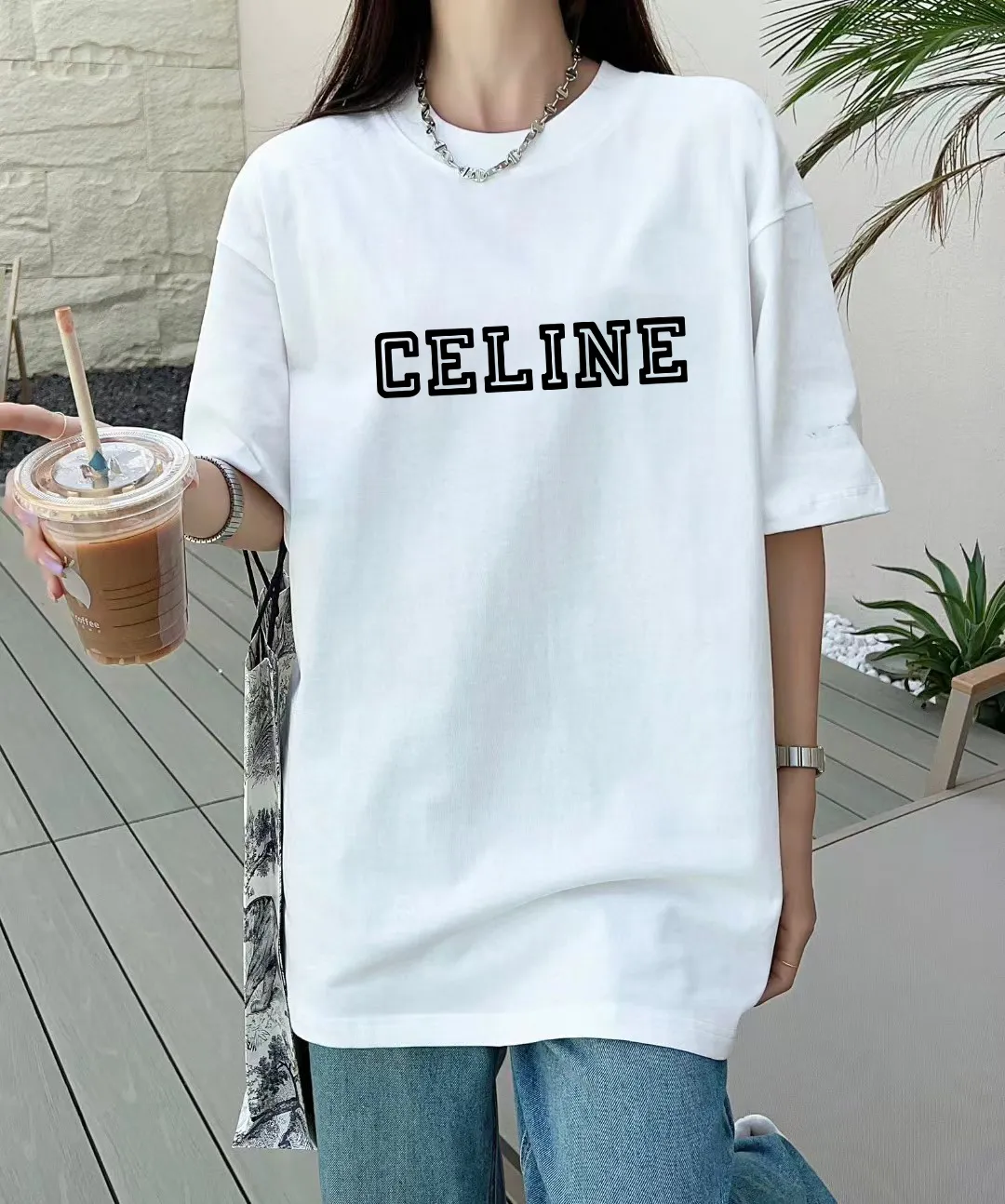 🅿️170 ✨🔥 [CELINE] 2025FW short-sleeved T-shirt, silicone thick plate letter LOGO, high-end 26s double yarn 300g fabric, heavy fabric, custom stretcher rib, same cylinder and dye, complete three standards, same style for men and women, color: black, white, size: S M L XL 2XL