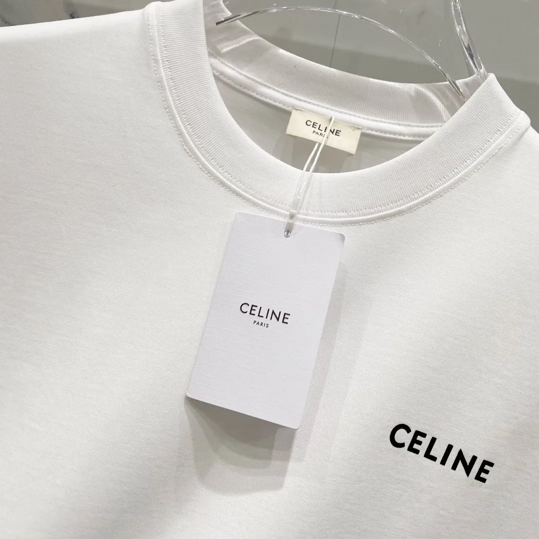 🅿️180 CELINE 260g round neck short-sleeved T-shirt, simple small letter LOGO printing logo, official synchronization, high version, high quality, fashionable personality, versatile trend, pure original quality, original fabric, tag, collar label, washed wheat, three labels complete, color: black, white. Size: XS-L