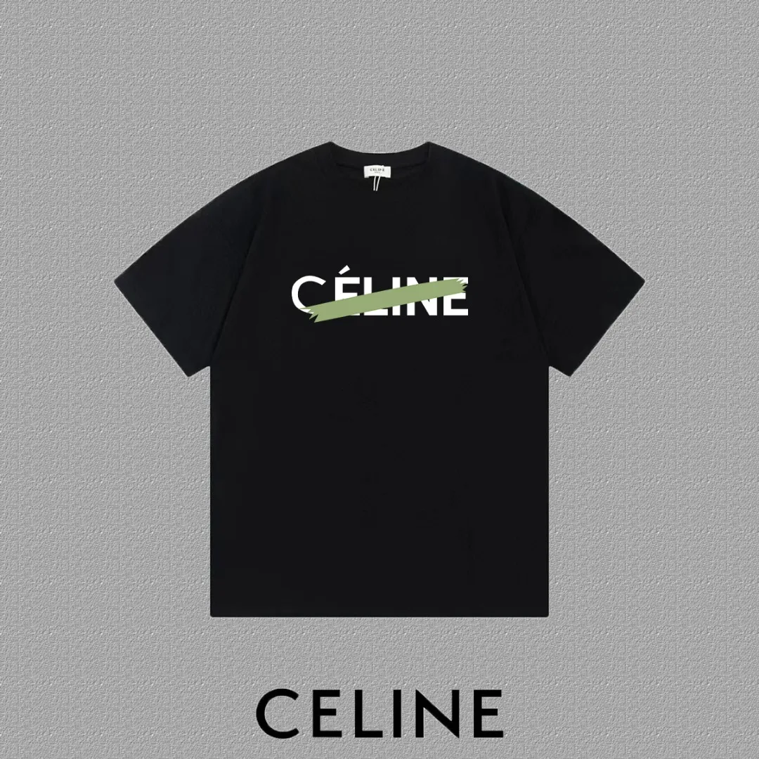 🅿️170 ✨🔥 [CELINE] 2025FW short-sleeved T-shirt, letter LOGO printing, high-end 26s double yarn 300g fabric, heavy fabric, custom stretcher rib, same vat and dye, complete three standards, same style for men and women, color: black, white, size: S M L XL 2XL