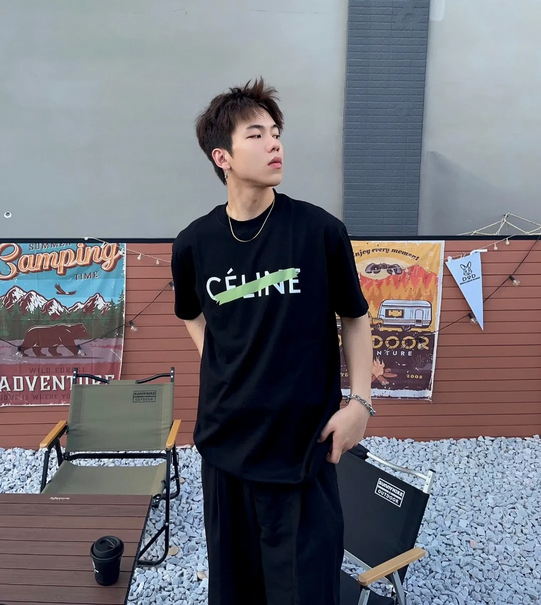 🅿️170 ✨🔥 [CELINE] 2025FW short-sleeved T-shirt, letter LOGO printing, high-end 26s double yarn 300g fabric, heavy fabric, custom stretcher rib, same vat and dye, complete three standards, same style for men and women, color: black, white, size: S M L XL 2XL