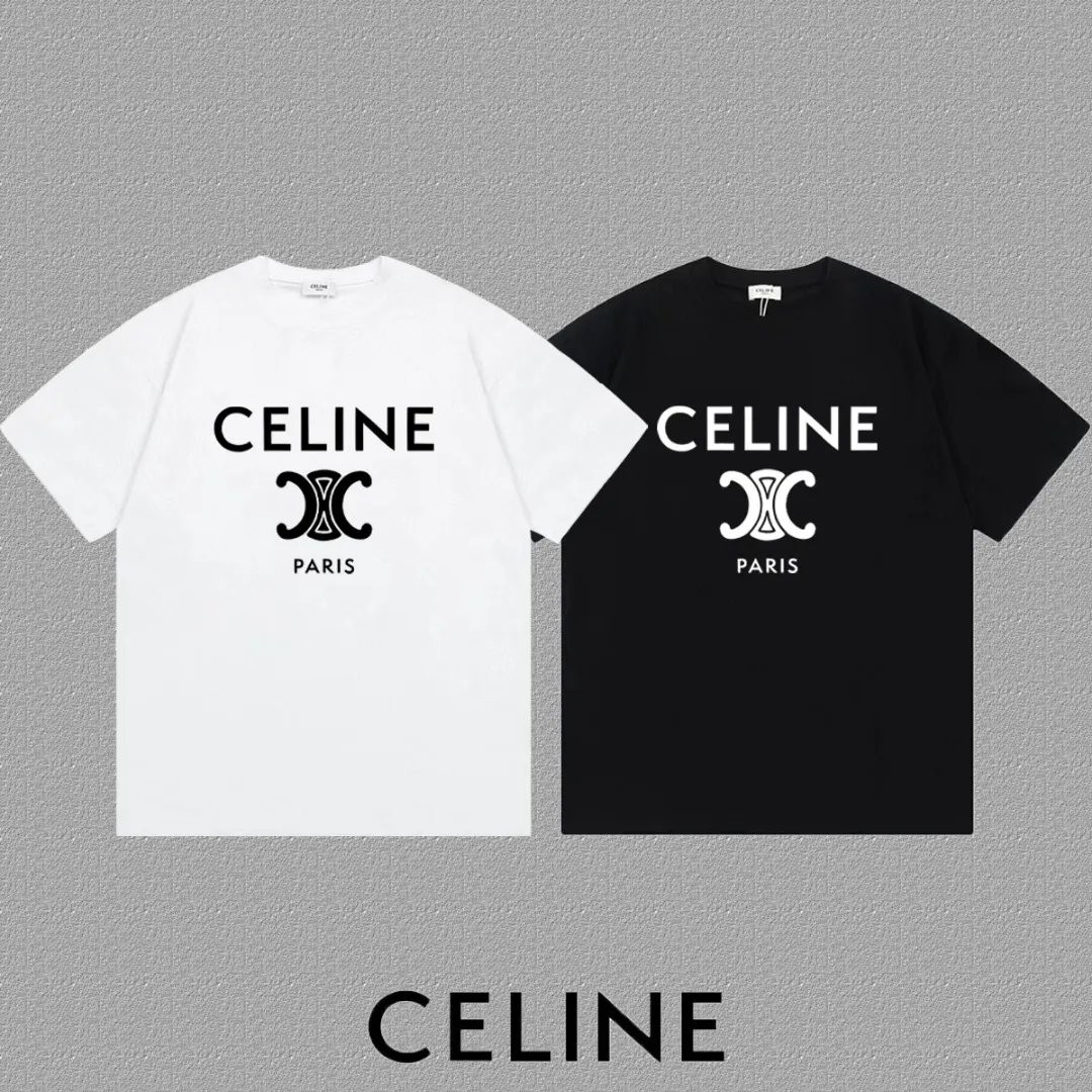 🅿️170 ✨🔥 [CELINE] 2025FW short-sleeved T-shirt, silicone thick plate letter LOGO, high-end 26s double yarn 300g fabric, heavy fabric, custom stretcher rib, same cylinder and dye, complete three standards, same style for men and women, color: black, white, size: S M L XL 2XL