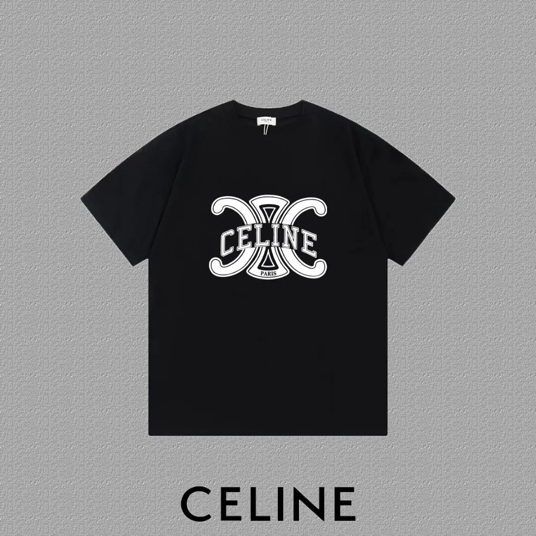 🅿️170 ✨🔥 [CELINE] 2025FW short-sleeved T-shirt, letter LOGO printing, high-end 26s double yarn 300g fabric, heavy fabric, custom stretcher rib, same vat and dye, complete three standards, same style for men and women, color: black, white, gray, size: S M L XL 2XL