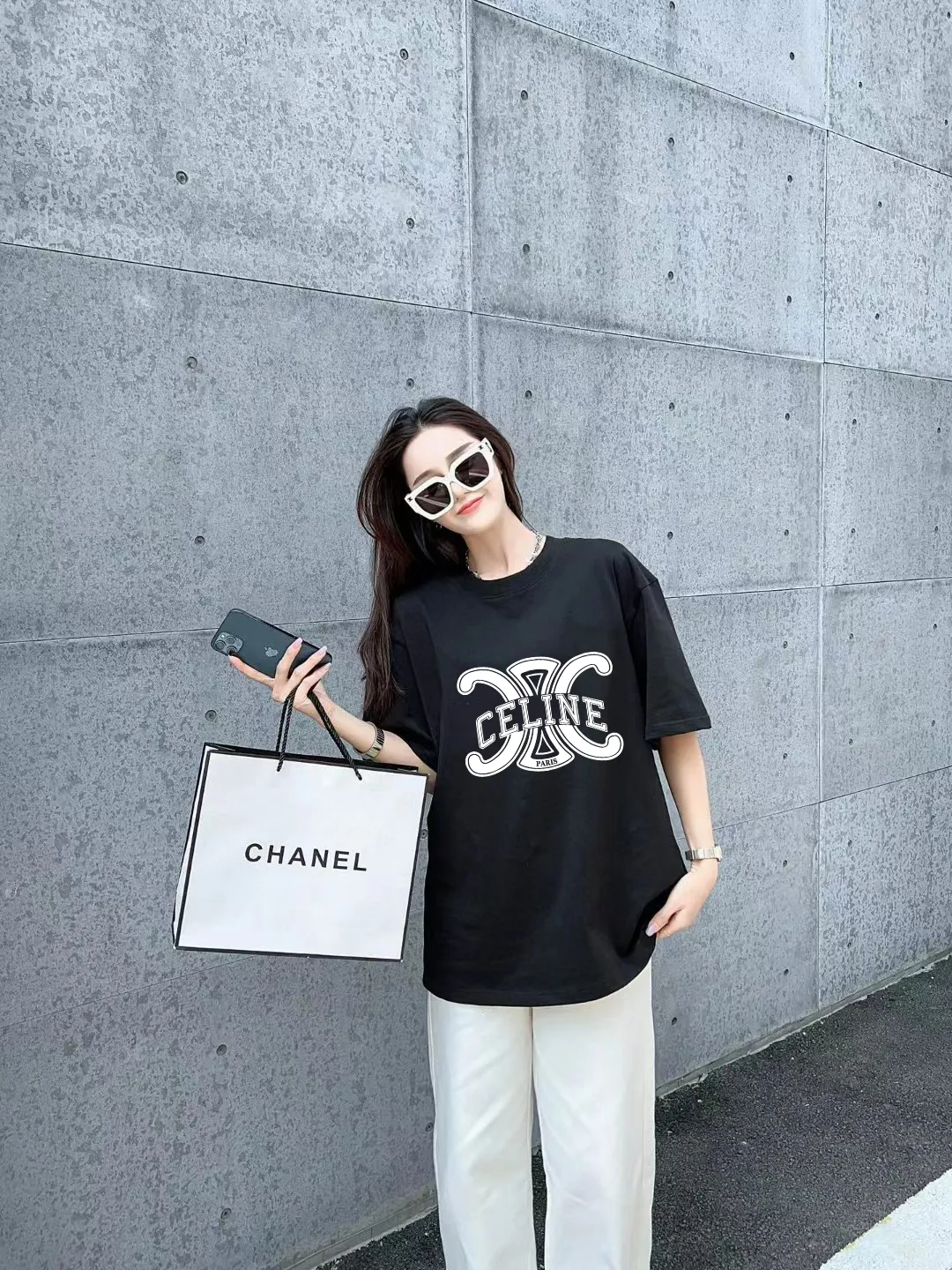 🅿️170 ✨🔥 [CELINE] 2025FW short-sleeved T-shirt, letter LOGO printing, high-end 26s double yarn 300g fabric, heavy fabric, custom stretcher rib, same vat and dye, complete three standards, same style for men and women, color: black, white, gray, size: S M L XL 2XL