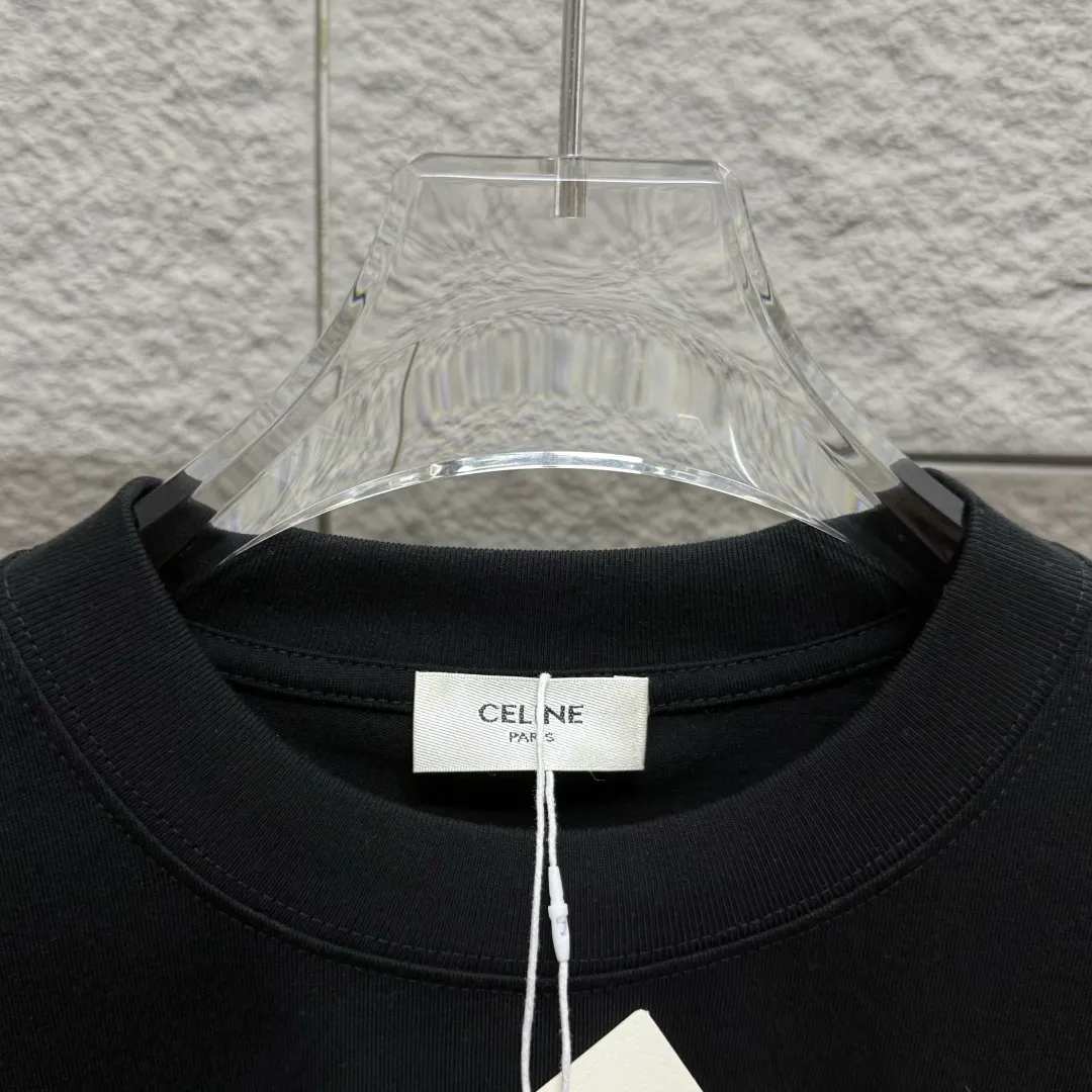 🅿️180 Celi* Celine 2025 spring and summer style Simple letter printing personalized logo Customized double yarn plain cotton fabric Short-sleeved T-shirt Unisex Size: S (90-130 catties) M (120-150 catties) L (140-165 catties) XL (160-180 catties) XXL (180-210 catties) Color: black white