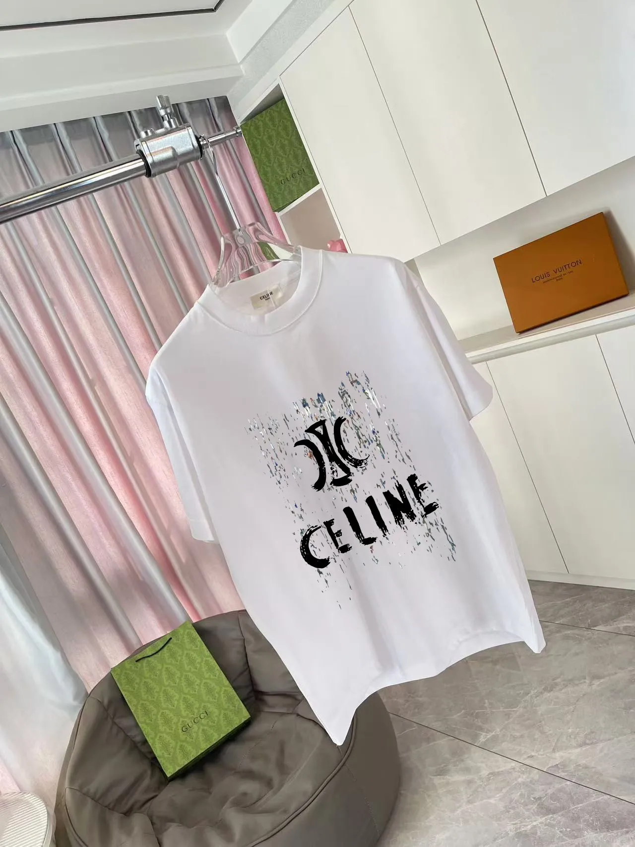 🅿️170 Celine Celine 2025 summer new style personalized letter logo printing customized fabric 300g short-sleeved T-shirt same style for men and women Size: S M L XL XXL five sizes Color: black white pink iron gray