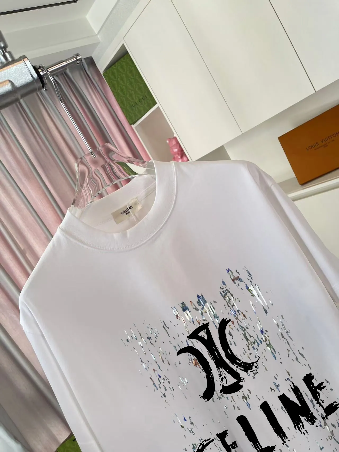 🅿️170 Celine Celine 2025 summer new style personalized letter logo printing customized fabric 300g short-sleeved T-shirt same style for men and women Size: S M L XL XXL five sizes Color: black white pink iron gray