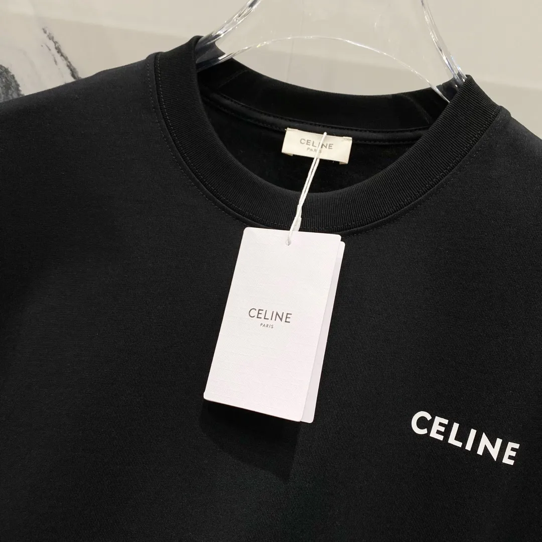 🅿️180 CELINE 260g round neck short-sleeved T-shirt, simple small letter LOGO printing logo, official synchronization, high version, high quality, fashionable personality, versatile trend, pure original quality, original fabric, tag, collar label, washed wheat, three labels complete, color: black, white. Size: XS-L