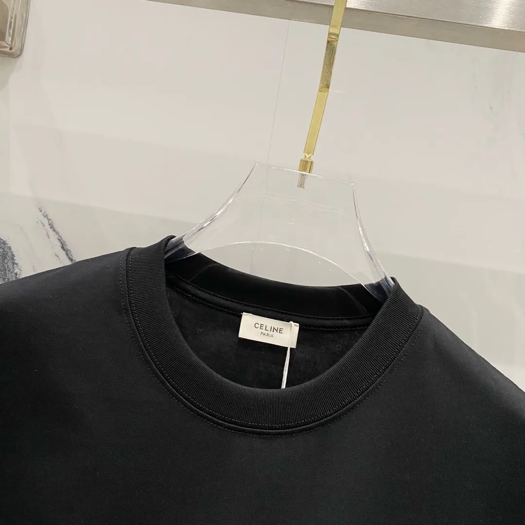🅿️180 CELINE 260g round neck short-sleeved T-shirt, simple small letter LOGO printing logo, official synchronization, high version, high quality, fashionable personality, versatile trend, pure original quality, original fabric, tag, collar label, washed wheat, three labels complete, color: black, white. Size: XS-L