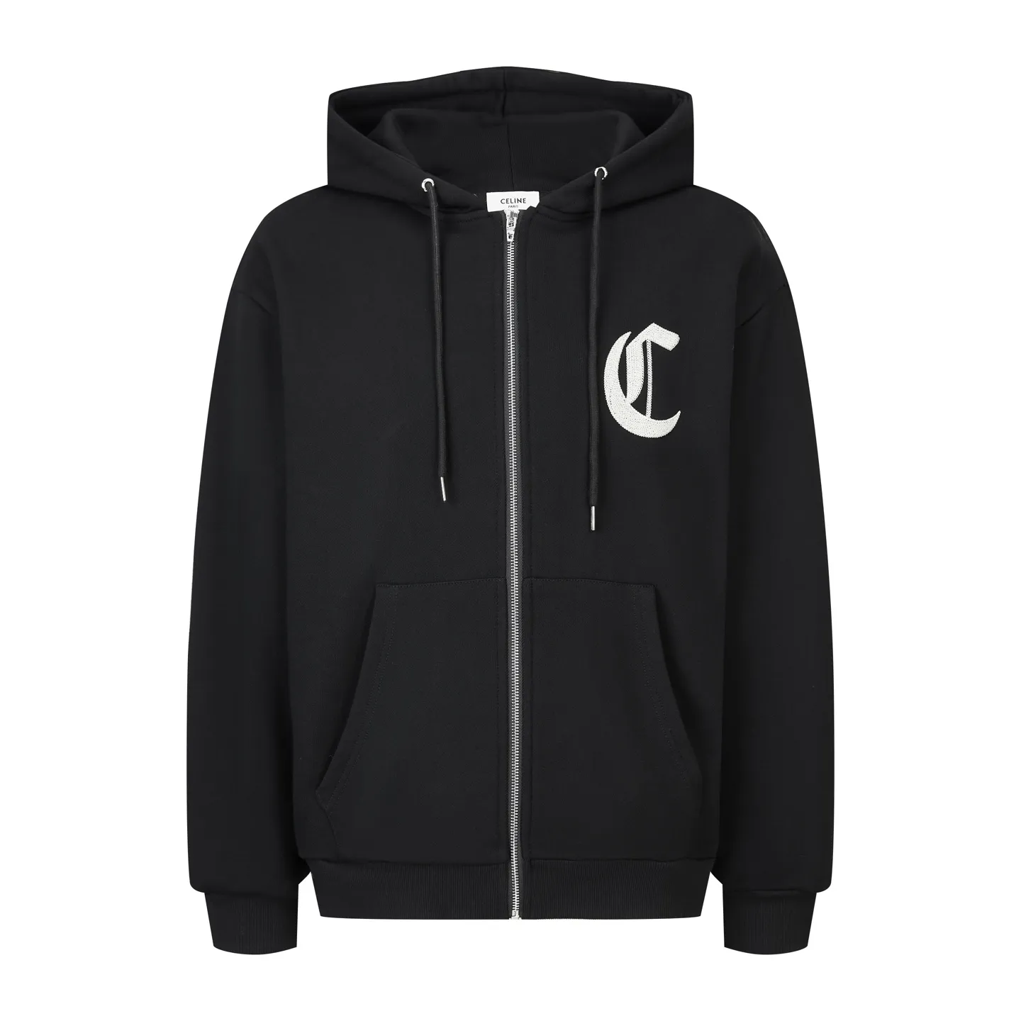 🅿️560 [Exclusive supply] Celine inscription embroidered hooded zipper jacket. The fabric is made of 420g terry fabric with a slight fleece process. This style is made of long yarn double-ply custom-woven pure cotton. The thread is matched with 2*2 double yarn 460g matching thread. It adopts 3D tami plane embroidery. This embroidery uses imported Tajima machine and fixed dyeing and weaving embroidery thread. The number of stitches in garment embroidery is as high as 36,000. Every detail is identical to the original. The zipper uses an electroplated bright silver slider, engraved with the CELINE logo, and the pull teeth are European style for smoother use. The rope is custom cut to size 1.3. Comes with electroplated engraved tailclip. The hoodie has electroplated lettering on the eyelets. All accessories bear the original logo. Size:S-M-L-XL