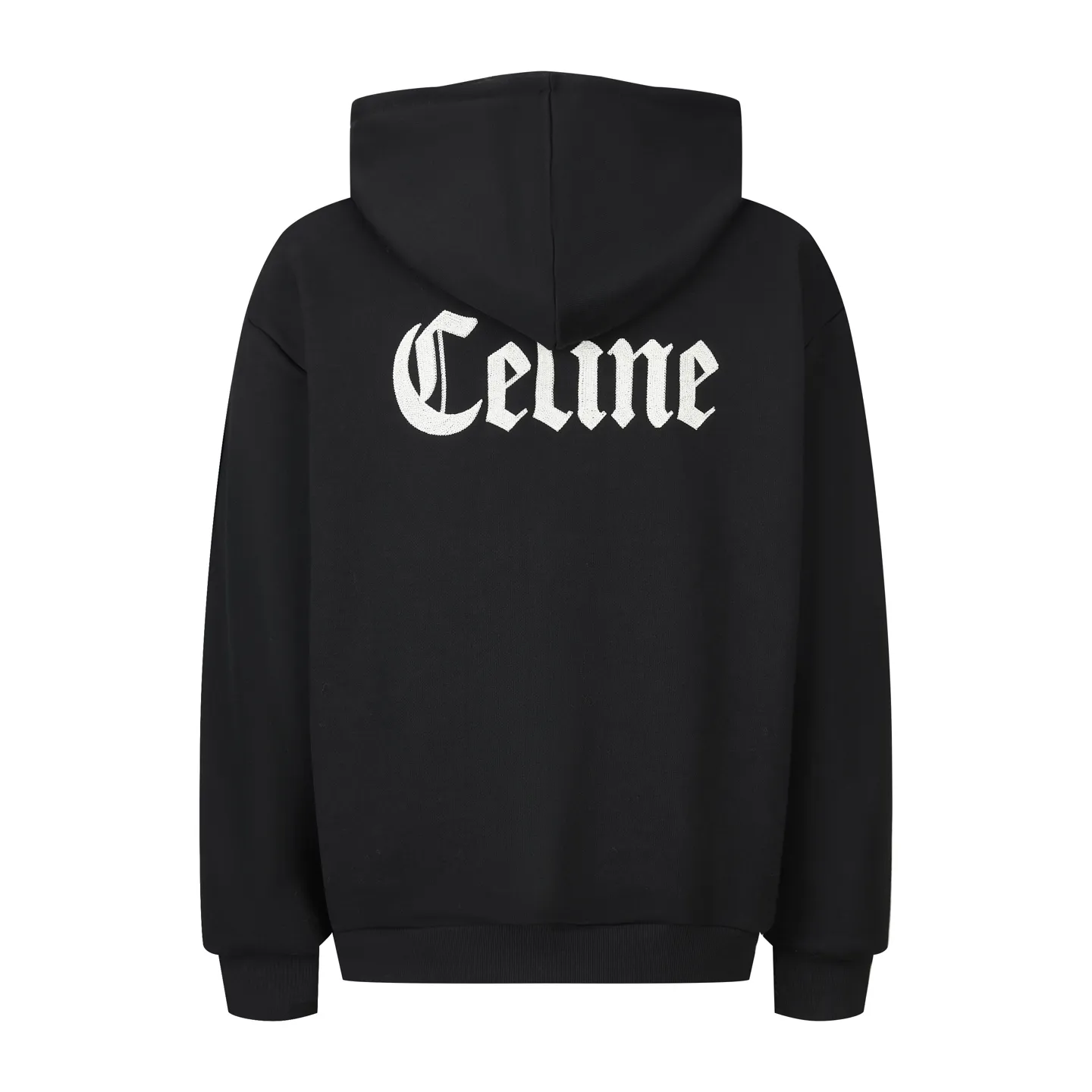 🅿️560 [Exclusive supply] Celine inscription embroidered hooded zipper jacket. The fabric is made of 420g terry fabric with a slight fleece process. This style is made of long yarn double-ply custom-woven pure cotton. The thread is matched with 2*2 double yarn 460g matching thread. It adopts 3D tami plane embroidery. This embroidery uses imported Tajima machine and fixed dyeing and weaving embroidery thread. The number of stitches in garment embroidery is as high as 36,000. Every detail is identical to the original. The zipper uses an electroplated bright silver slider, engraved with the CELINE logo, and the pull teeth are European style for smoother use. The rope is custom cut to size 1.3. Comes with electroplated engraved tailclip. The hoodie has electroplated lettering on the eyelets. All accessories bear the original logo. Size:S-M-L-XL