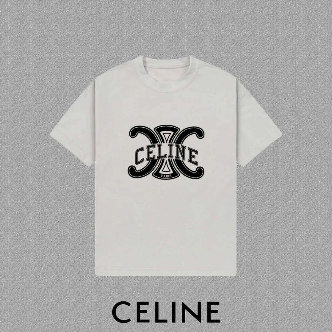 🅿️170 ✨🔥 [CELINE] 2025FW short-sleeved T-shirt, letter LOGO printing, high-end 26s double yarn 300g fabric, heavy fabric, custom stretcher rib, same vat and dye, complete three standards, same style for men and women, color: black, white, gray, size: S M L XL 2XL