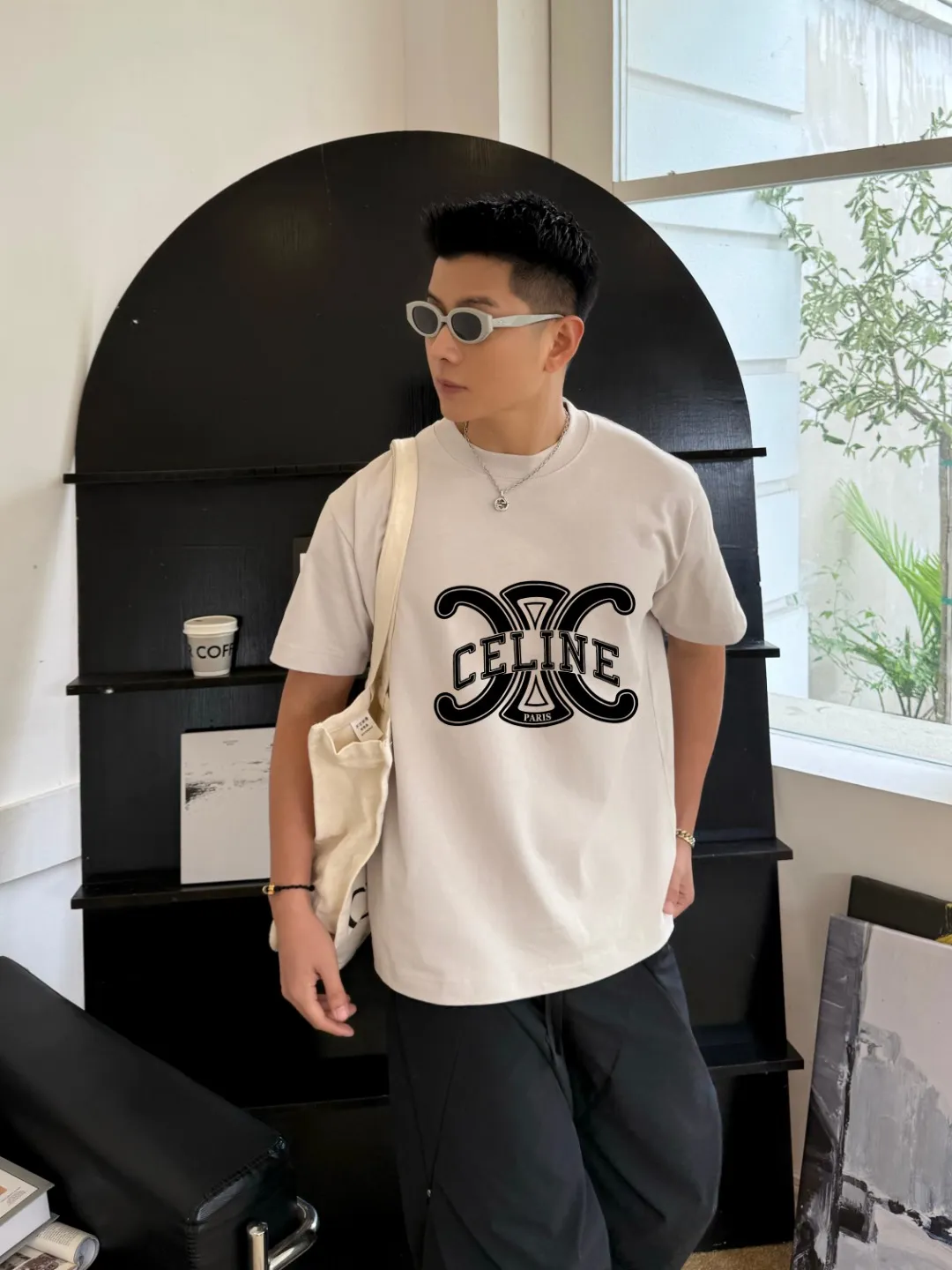 🅿️170 ✨🔥 [CELINE] 2025FW short-sleeved T-shirt, letter LOGO printing, high-end 26s double yarn 300g fabric, heavy fabric, custom stretcher rib, same vat and dye, complete three standards, same style for men and women, color: black, white, gray, size: S M L XL 2XL