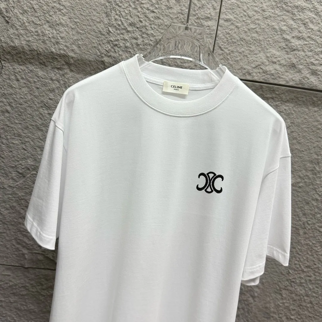 🅿️180 Celi* Celi Celin 2025 spring and summer style Simple letter embroidery personalized logo Customized double yarn plain cotton fabric Short-sleeved T-shirt Unisex Size: S (90-130 catties) M (120-150 catties) L (140-165 catties) XL (160-180 catties) XXL (180-210 pounds) Color: black white