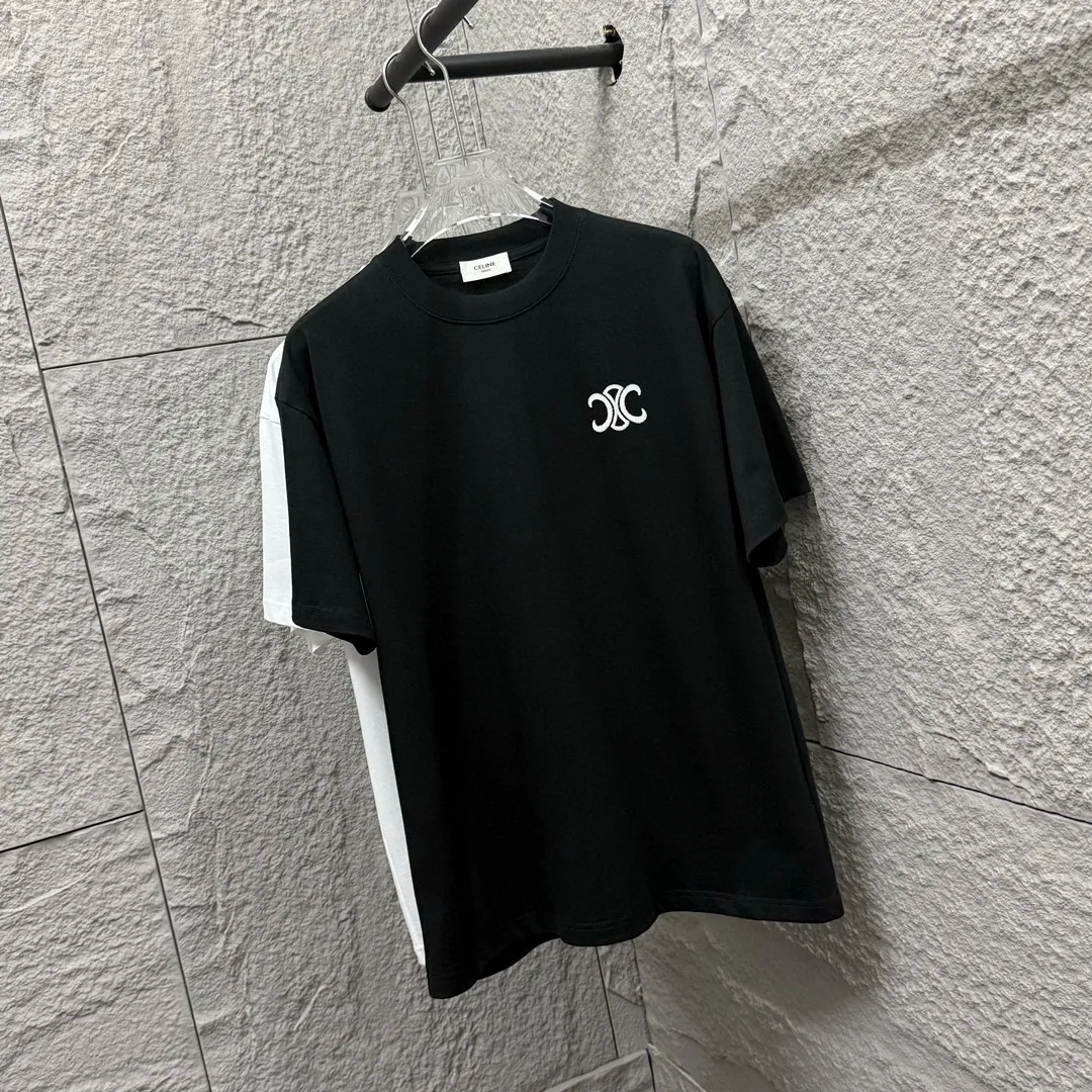 🅿️180 Celi* Celi Celin 2025 spring and summer style Simple letter embroidery personalized logo Customized double yarn plain cotton fabric Short-sleeved T-shirt Unisex Size: S (90-130 catties) M (120-150 catties) L (140-165 catties) XL (160-180 catties) XXL (180-210 pounds) Color: black white