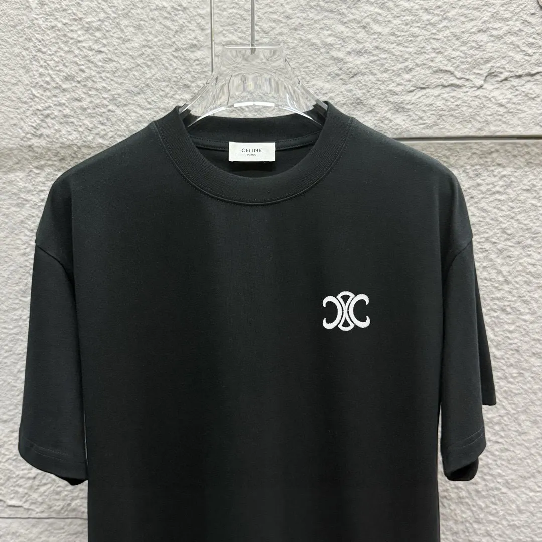 🅿️180 Celi* Celi Celin 2025 spring and summer style Simple letter embroidery personalized logo Customized double yarn plain cotton fabric Short-sleeved T-shirt Unisex Size: S (90-130 catties) M (120-150 catties) L (140-165 catties) XL (160-180 catties) XXL (180-210 pounds) Color: black white