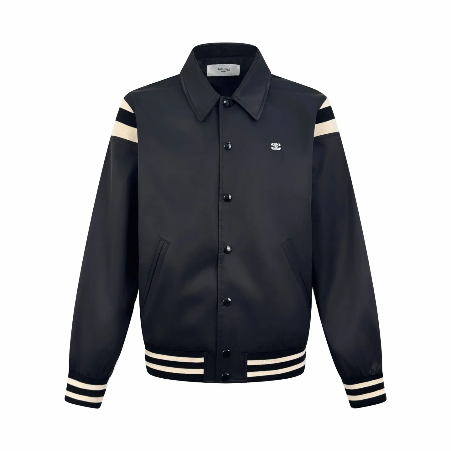 🅿️530 Celine Arc de Triomphe embroidered striped patchwork jacket. The fabric is custom-made ink satin composite woven silk. It is of high quality and comfortable to the skin. It uses classic black as the curtain to give deep sensory luxury. Precise and neat architectural lines outline the contemporary silhouette. The iconic Celine Arc de Triomphe embroidery is embellished on the chest. It is lifelike and highly recognizable. It is matched with striped elements on the sleeves and hem to inject a touch of casual vitality. Outline the outline of an uninhibited soul with simplicity, minimalist elegance, natural craftsmanship, and imported machine embroidery technology. Use advanced computer control systems and precision mechanical components to realize the Arc de Triomphe embroidery operation. High precision. The lines are smooth and delicate. The template machine opens the bag. The preset template guides the position, shape and size of the bag opening. The accuracy ensures the quality of the bag opening effect. The fabrics have been washed. The hand feel and texture are better. Not easy to deform, not easy to shrink, not easy to fade. Maintain long-lasting beauty. Size:48-50-52-54