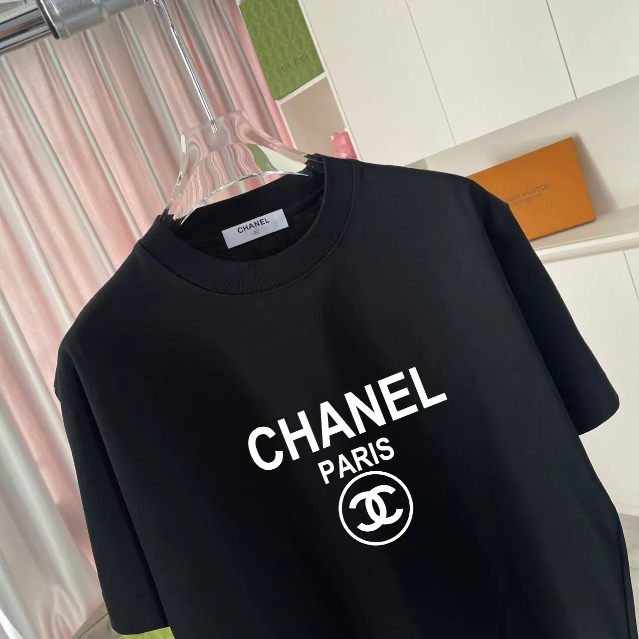 🅿️170 Chanel CHANEL 2025 summer new style Double C letter logo printing short-sleeved T-shirt Customized fabric 300g Same style for men and women Size: S M L XL XXL Five codes Color: black white lake green sky blue