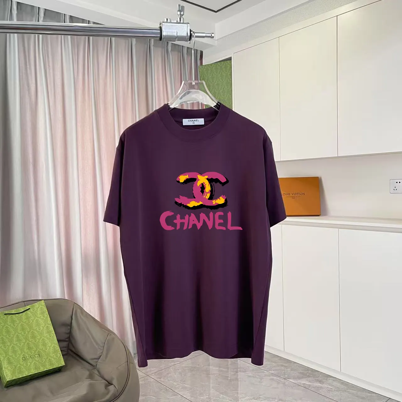 🅿️170 Chanel CHANEL2025 summer new style Double C letter logo printing short-sleeved T-shirt Customized fabric 300g Same style for men and women Size: S M L XL XXL Five codes Color: black white rose red purple